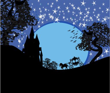 At arabasının silueti ve ortaçağ şatosu.