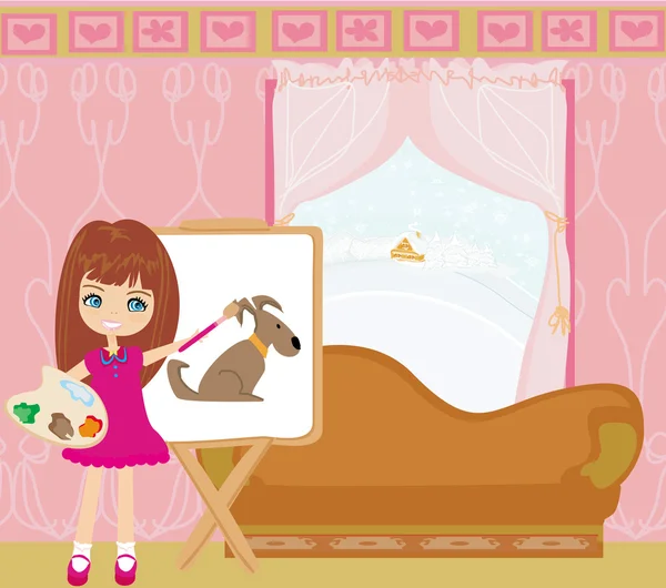 Little artist girl painting dog on large paper canvas — Stock Vector