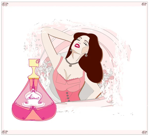 Mujer abstracta y frasco de perfume con aroma floral — Vector de stock