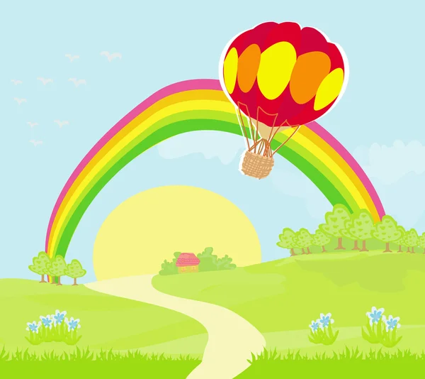 Paysage fantastique avec montgolfière — Image vectorielle
