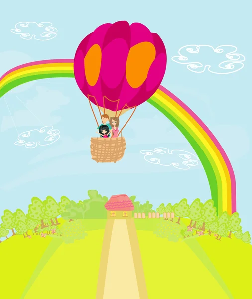 Familia volando un globo aerostático sobre el arco iris — Vector de stock