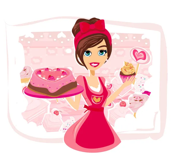 Saleswoman serving chocolate cakes — Stock Vector