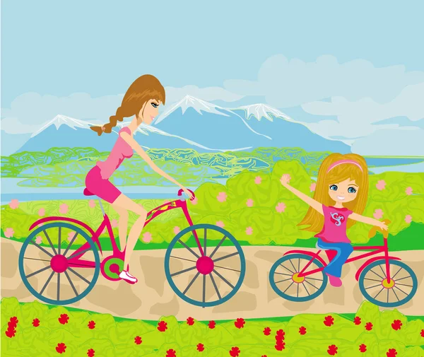 Madre e hija en bicicleta en el parque — Vector de stock