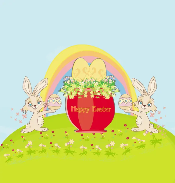 Conejos divertidos en un prado, tarjeta de Pascua — Vector de stock