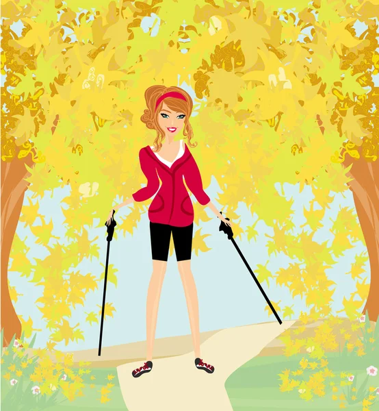 Nordic walking - aktivní žena cvičení venku — Stockový vektor