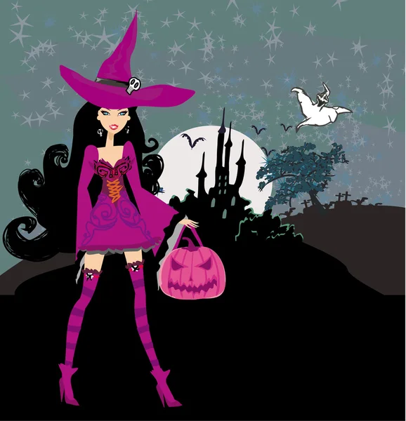 Illustration of witch with Halloween pumpkin — Stock Vector