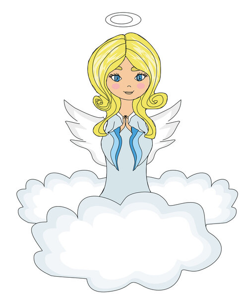 Милая маленькая девочка-ангел, молящаяся на коленях в облаках