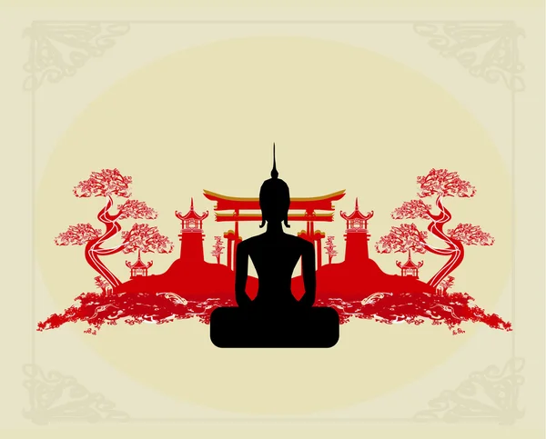 Silhouette of a Buddha,Asian landscape in the background — Stock Vector