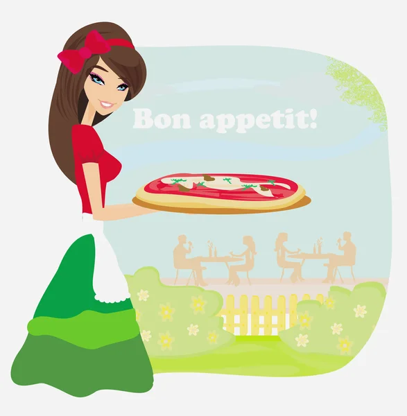 Smiling waitress serving pizza — Stock Vector
