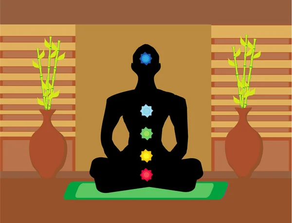Postura de lótus Yoga. Padmasana com pontos de chakra coloridos. — Vetor de Stock