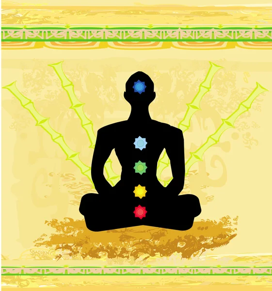 Postura de loto de yoga. Padmasana con puntos de chakra de colores. — Vector de stock