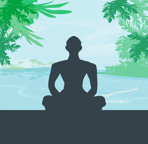 Silueta de meditación de yoga del hombre en las palmas, el océano y el cielo al atardecer — Vector de stock