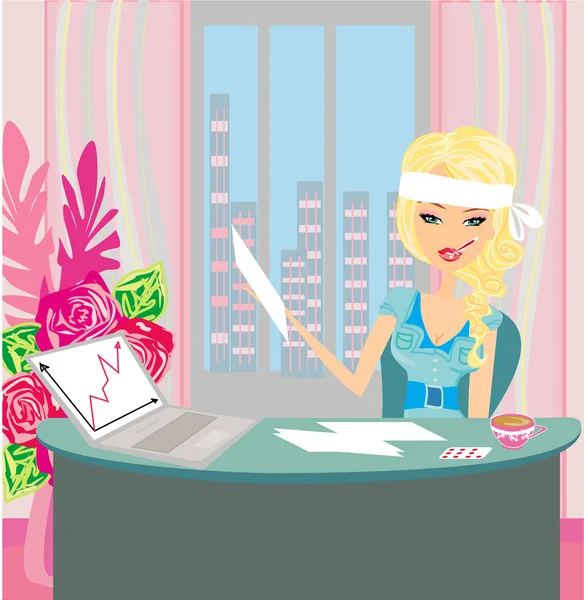 Sick secretary working at the computer — Stock Vector