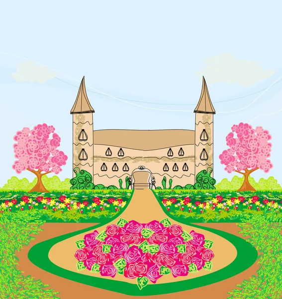 Paisaje con un hermoso castillo y jardines — Archivo Imágenes Vectoriales