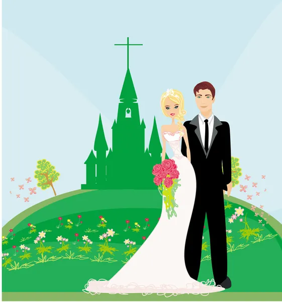 Wedding couple in front of a church — Stock Vector