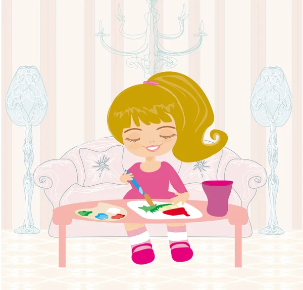 Little artist girl painting her dream house on large paper canva — Stock Vector