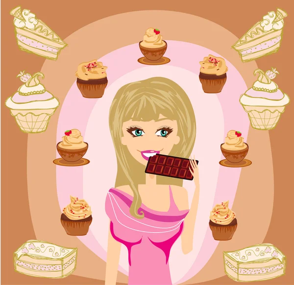 Belle fille blonde manger du chocolat — Image vectorielle