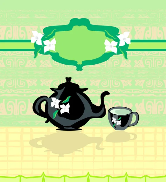 Pancarta con tetera y taza de té verde — Vector de stock