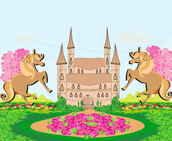 Paisaje con un hermoso castillo y unicornios — Vector de stock