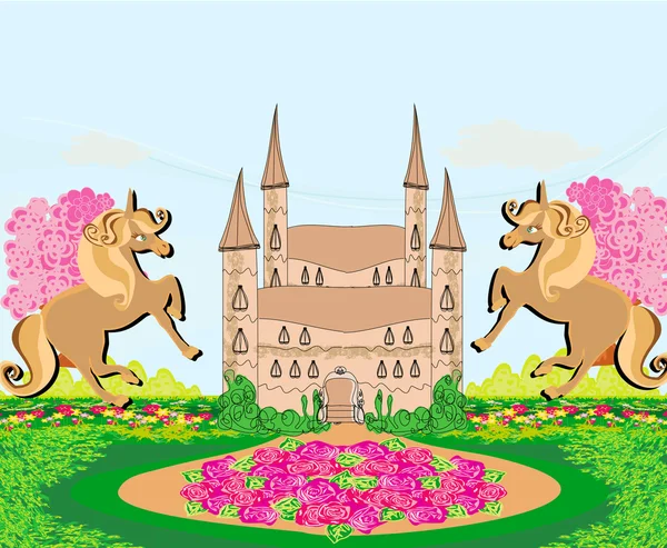 Landscape with a beautiful castle and unicorns — Stock Vector