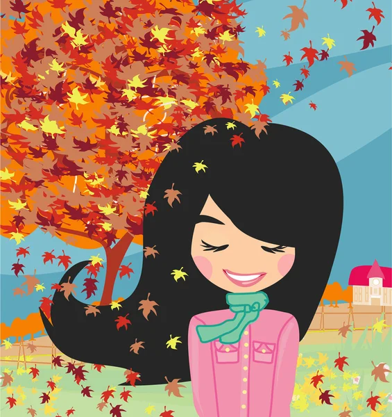 Dulce chica en otoño — Vector de stock