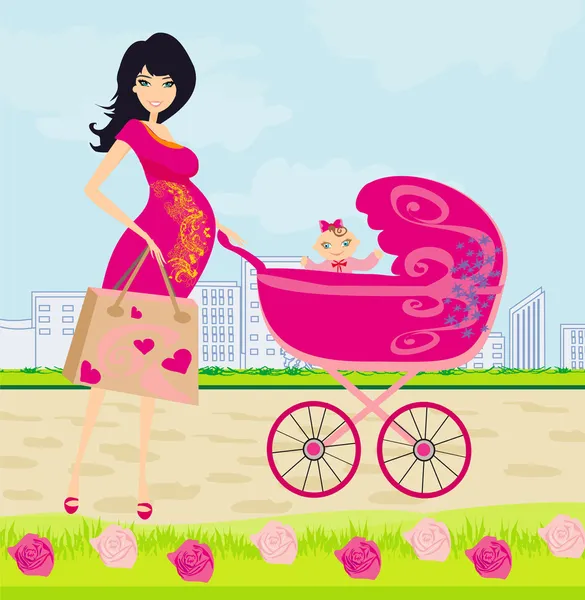 Beautiful pregnant woman pushing a stroller with her daughter — Stock Vector