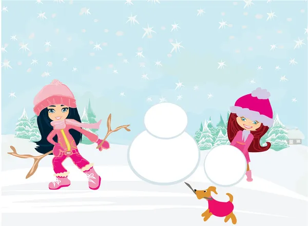 Des enfants construisent un bonhomme de neige — Image vectorielle