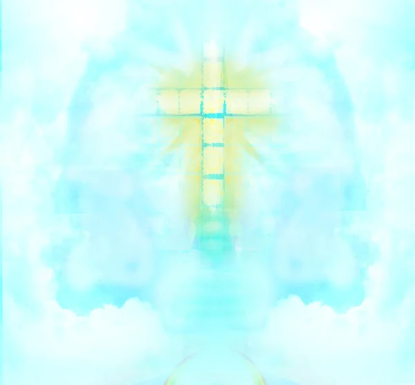 Ein transparentes Kreuz, das himmlisches Licht am Himmel verbreitet. — Stockfoto