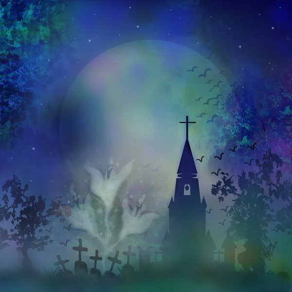 Halloween background with a church and Cemetery — Stock Photo, Image