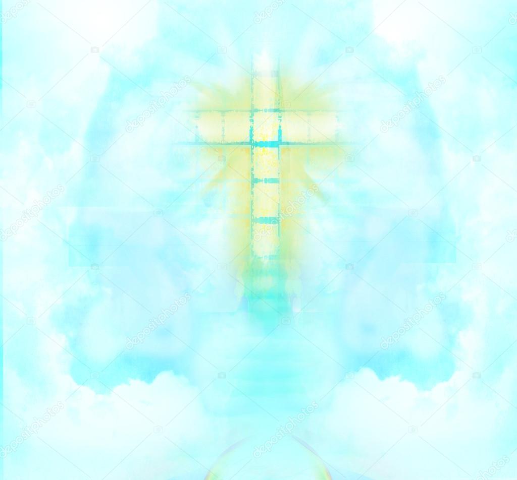 A transparent Cross giving out heavenly light in the sky.