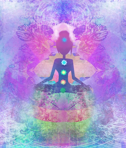Yoga lotus poseren. Padmasana met gekleurde chakra punten. — Stockfoto