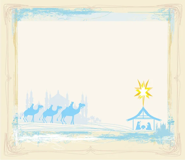 与传统基督教的圣诞节耶稣降生场面 grunge 帧 — 图库矢量图片