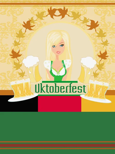 Pretty waitress with beer, Oktoberfest card — Stock Vector