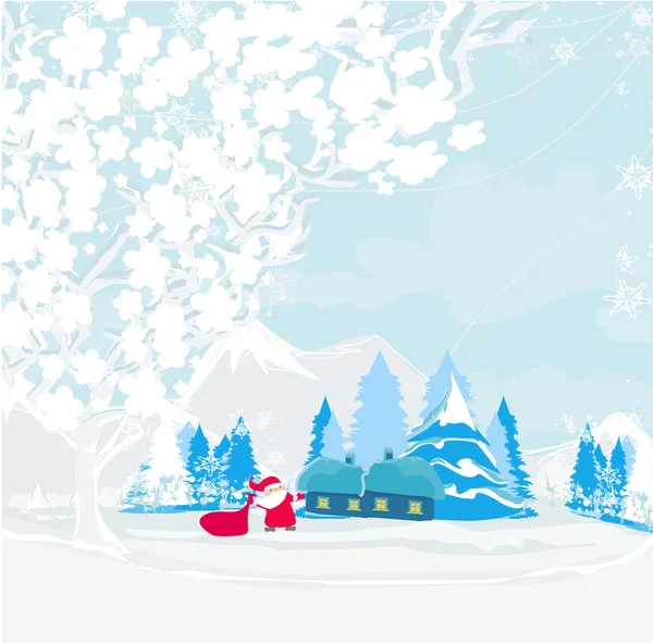 Paisaje de invierno con casas y Santa divertido — Vector de stock