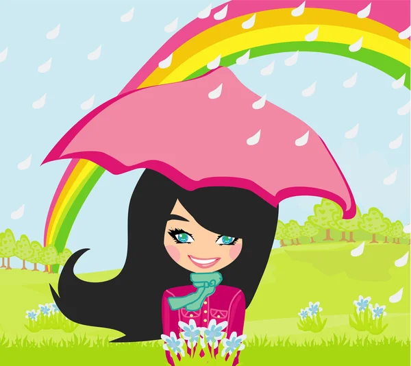 Κορίτσι που περπατάει στη βροχή — Διανυσματικό Αρχείο