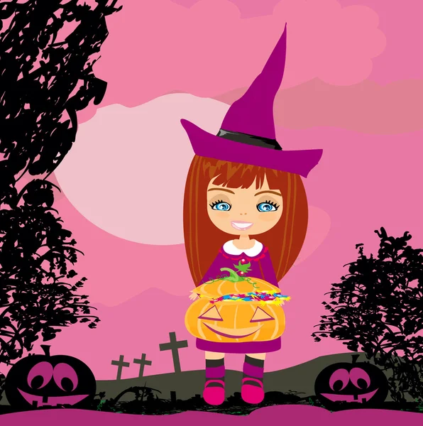 Chica en traje de bruja celebración de calabaza con dulces — Vector de stock