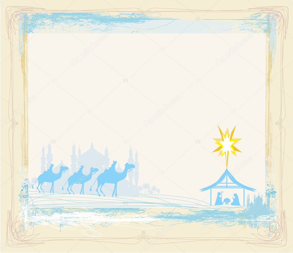 grunge frame with traditional Christian Christmas Nativity scen
