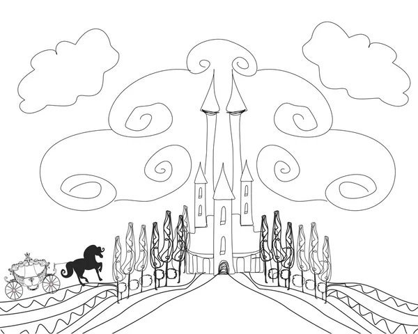 馬キャリッジと中世の城 - 手描きのシルエット — ストックベクタ