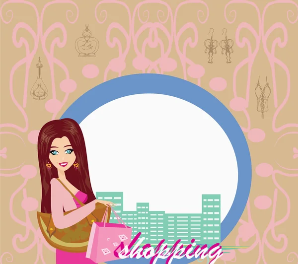 Stylish girl shopping, abstract card — стоковый вектор