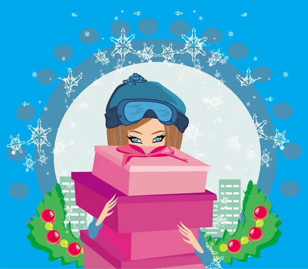 Chica elegante y de moda con caja de regalo — Vector de stock