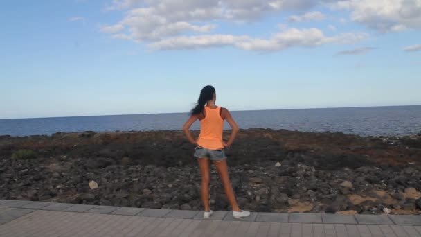 Девушка смотрит на берег океана — стоковое видео