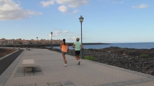 Pareja corriendo a lo largo de la costa — Vídeos de Stock