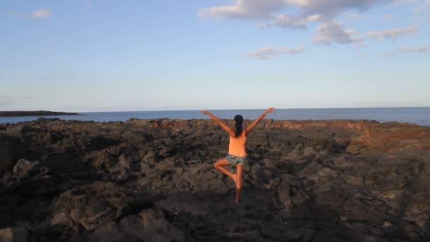 Yoga woman on a beach rock — Stock Video