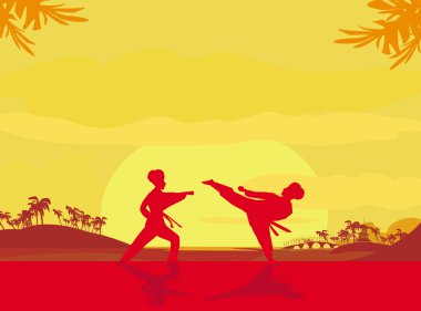 Fighting an enemy near the beach when the sun goes down clipart