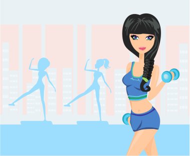 Güzel kız spor salonunda egzersiz yapıyor.
