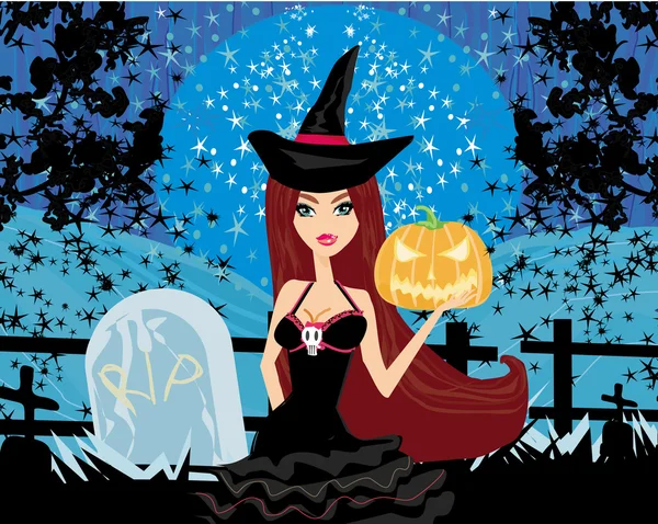 Ilustración de bruja con calabaza de Halloween — Vector de stock