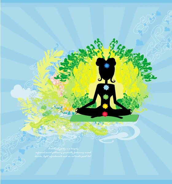 Yoga lotus pose. Padmasana with colored chakra points. — Stock Vector