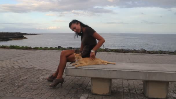 Женщина гладит рыжую кошку на берегу океана — стоковое видео