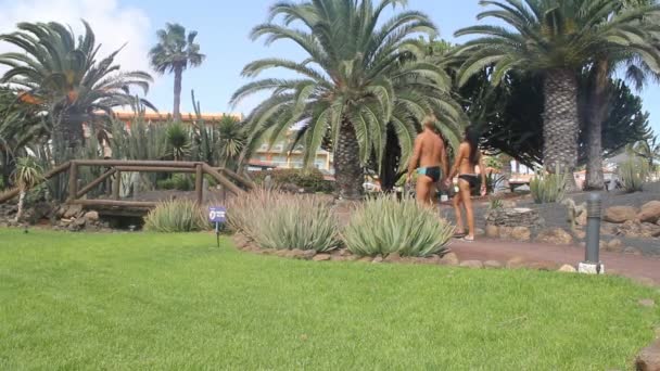 Couple en maillot de bain marchant dans un jardin tropical — Video