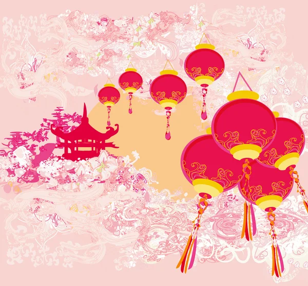 Tarjeta de Año Nuevo Chino - Linternas tradicionales y edificios asiáticos — Vector de stock